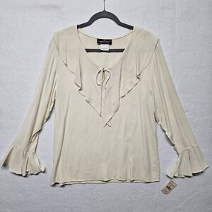 Vintage Carole Little Blouse Cascading Ruffle Long Bell Sleeves Cream NWT 90s